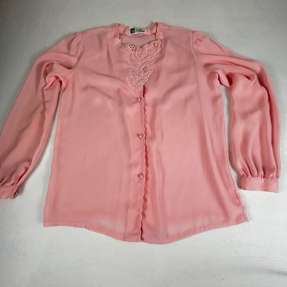 La Blouse Pink Sheer Button Up Blouse with Floral Embroidery
